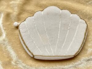 Rare Vintage 1950s Nina Ricci Beaded Clam Shell Clutch Bag White Art Deco Bridal